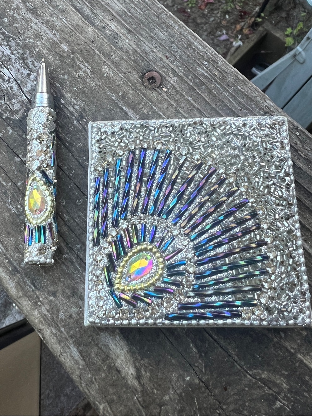 Iridescent Crystal Peacock Gemstone Mini Notebook & Matching Pen Set